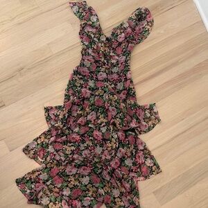 Wayf One-Shoulder Floral Ruffle Midi Dress in Pink and Green